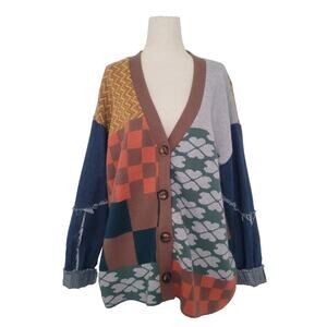 Ces Femme Knit Patchwork Denim Sleeve Oversized Cardigan Sz S Artsy Retro Boho